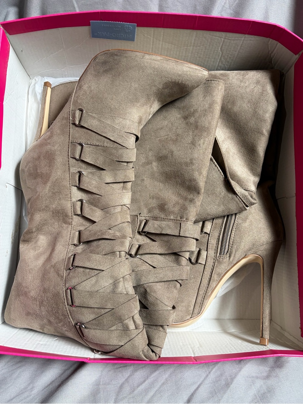 Shoe Dazzle Taupe Suede Lace-Up Knee-High Stiletto Boots